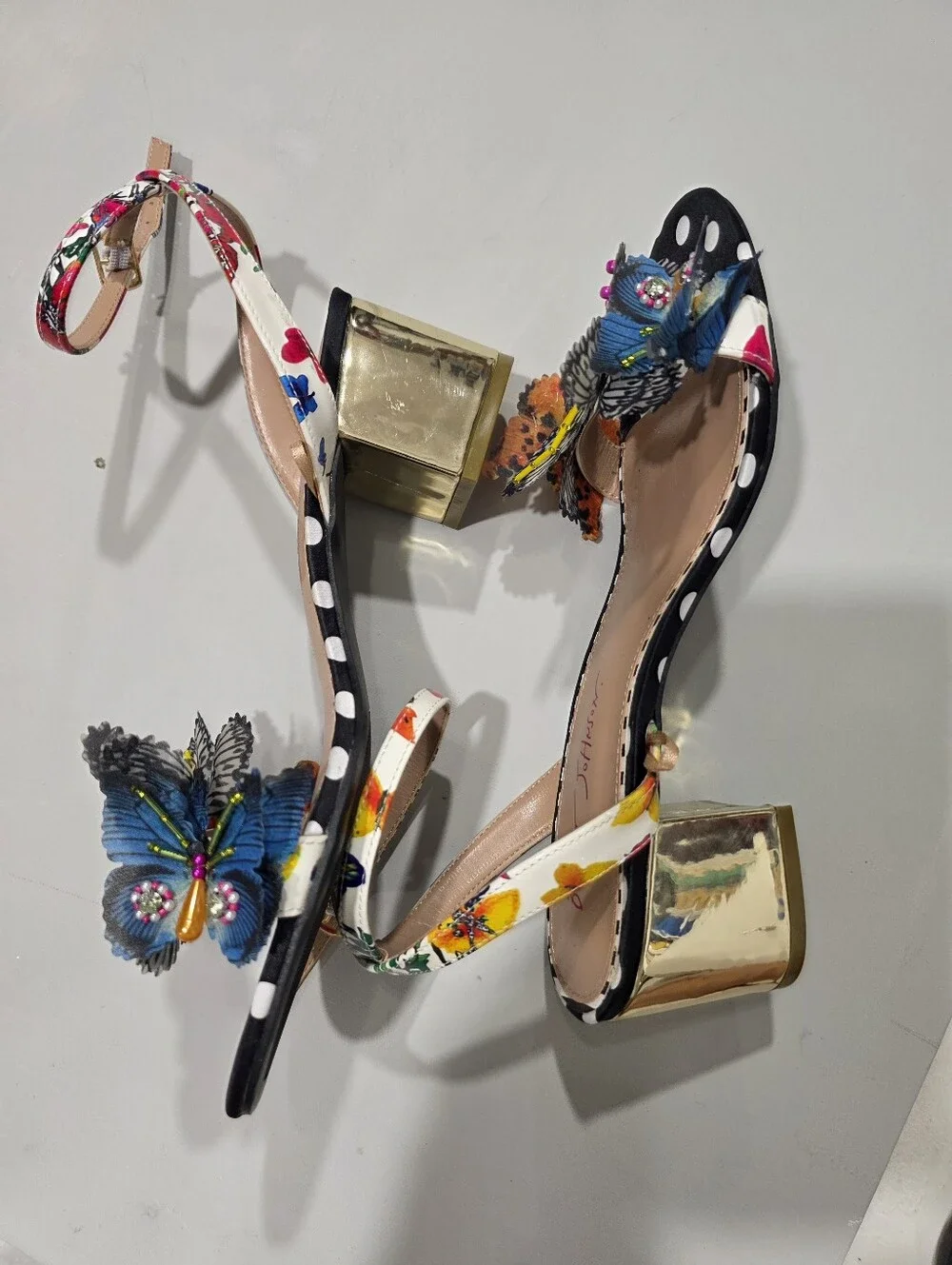 Betsey Johnson Black Polka Dot Sandals with Multicolor Butterfly Embellishments - Picture 11 of 13